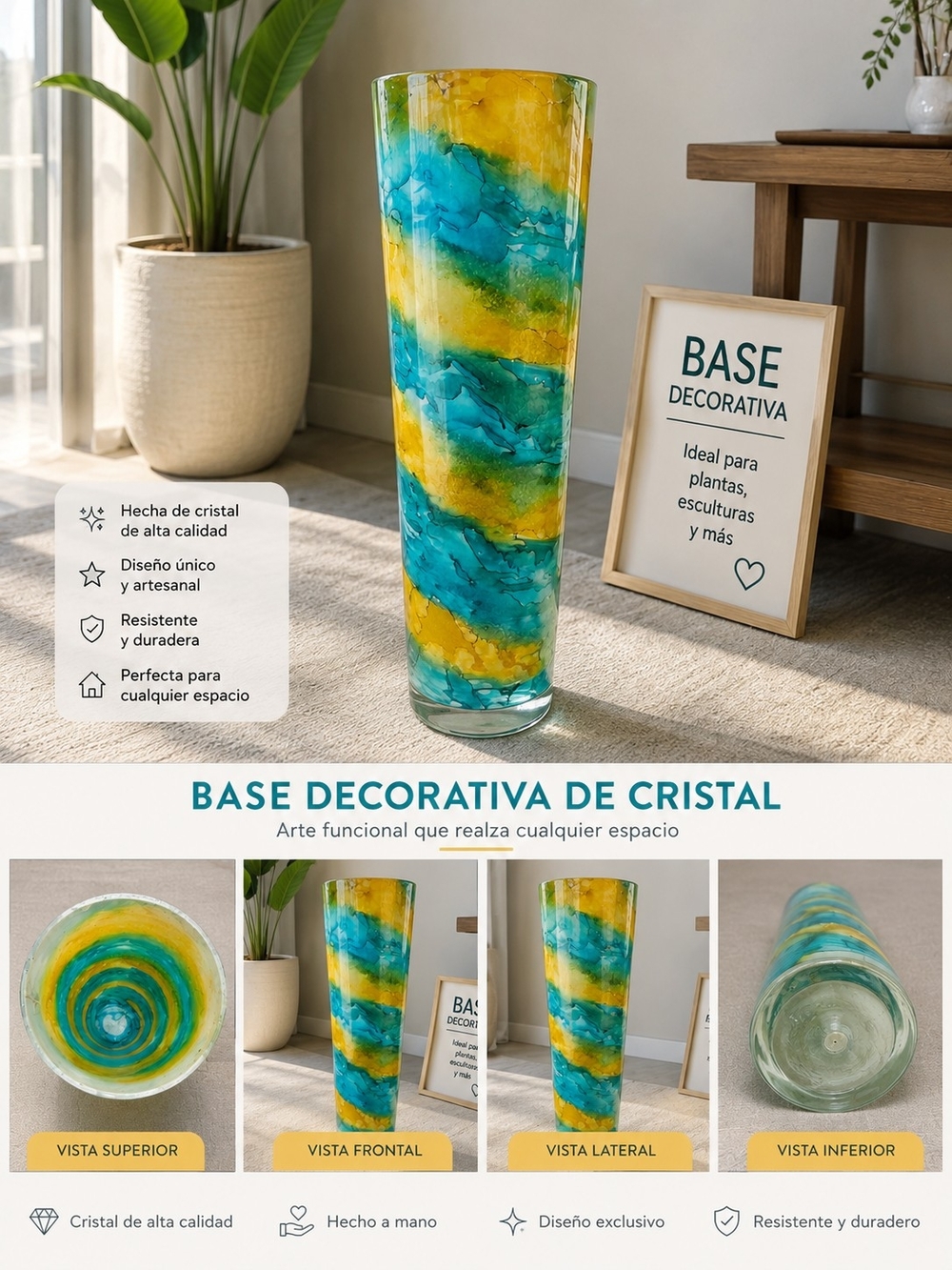 Handblown Glass Decorative Vase in Teal and Yellow - Base Decorativa